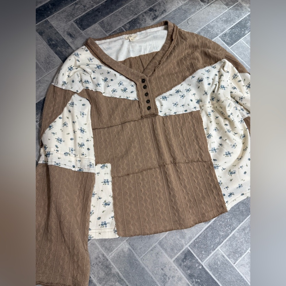 Cream and Brown Floral Knit Top